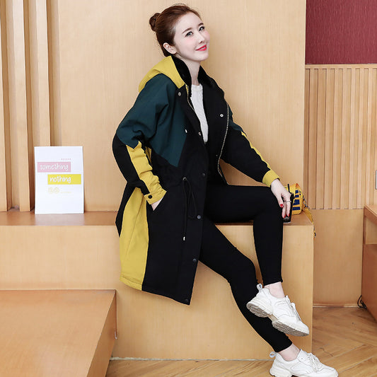 Large Size Autumn And Winter Loose Hooded Thickened Cotton Windbreaker Long Coat
