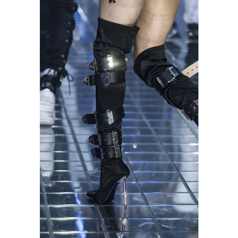 Stylish Rhinestone Buckles Pointed Toe Over Knee Boots