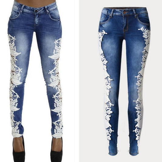 Clearance Lace Patchwork Hollow Skinny Straight High Waist Jeans