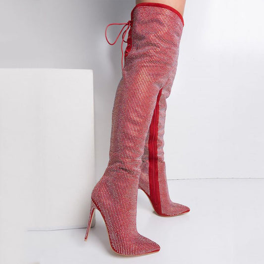 Fashion Red Rhinestone Strap Pointed Toe Knee High Boots