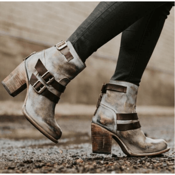 Leather Buckle High Heel Ankle Boots
