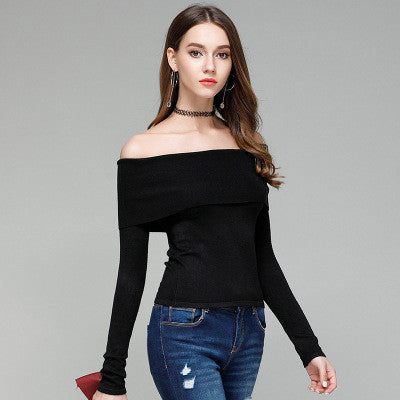 Pure Color Off Shoulder Long Sleeves Slim Sweater