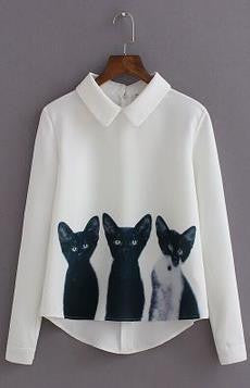 Three Cats Flower Print Turn-down Collar Pullover Blouse