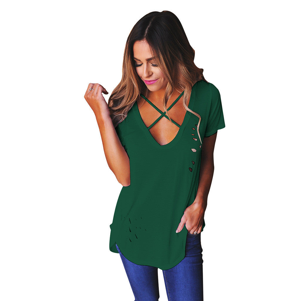 V-neck Candy Color Cut Out Short Sleeves T-shirt