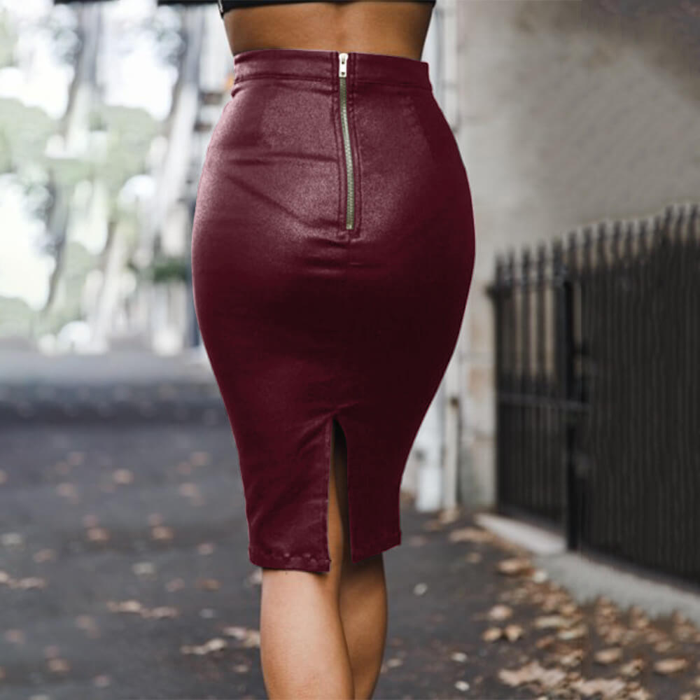 Sexy Leather Bodycon High Waist Leather Knee Length Dresses