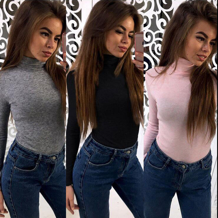 High Neck Pure Color Long Sleeves Slim T-shirt