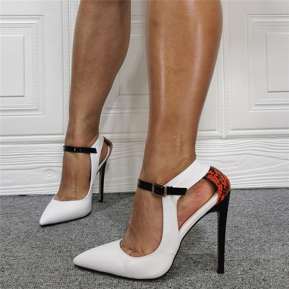White PU Point Toe Ankle Buckle High Heel Sandals
