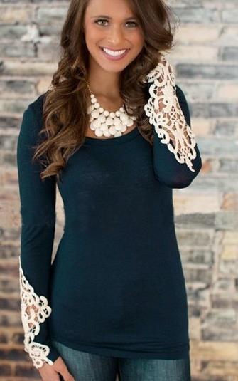 Clearance Lace Patchwork Scoop Sheath Fashion Pure Color Blouse