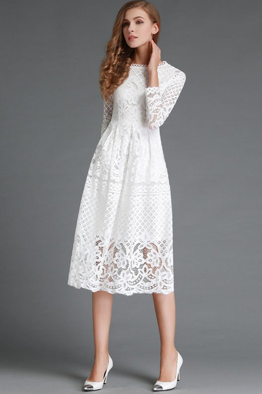 Pure Color Long Sleeves Lace Tee-length Party Dress