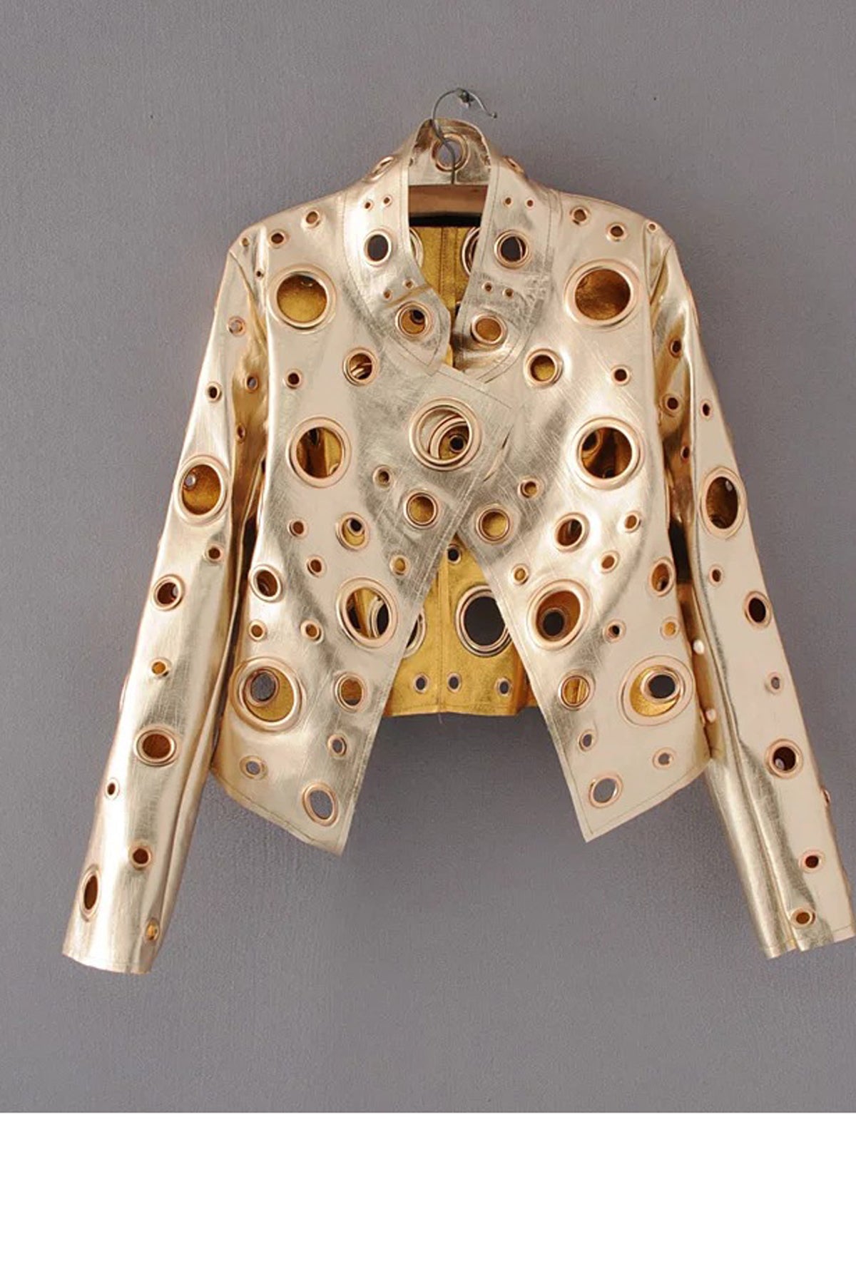 Pure Color Hollow Out Metal Decoration PU Jacket