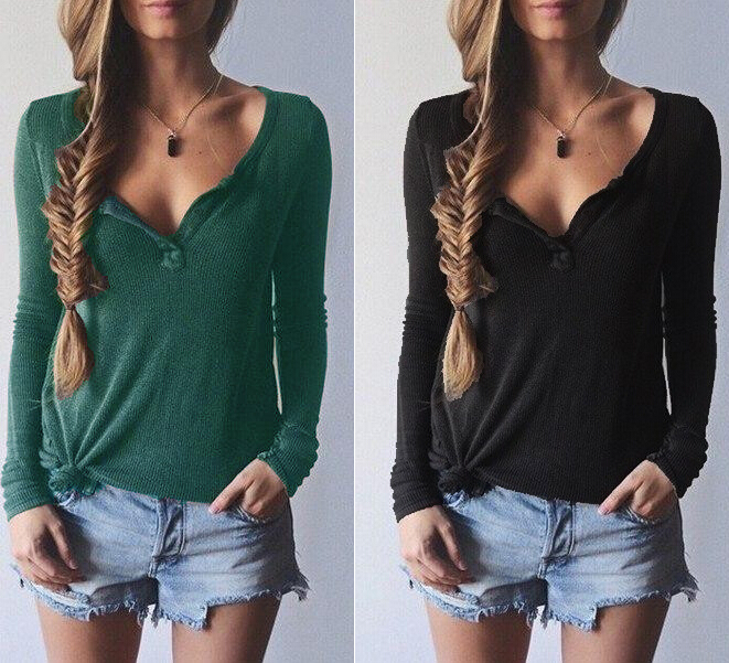 Ribbed Knit V-neck Pure Color Long Sleeves Sweater - Meet Yours Fashion - 2