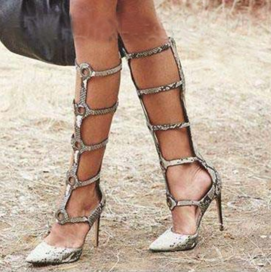 Leather Snakeskin Cutout Knee High Sandals