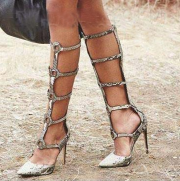 Leather Snakeskin Cutout Knee High Sandals