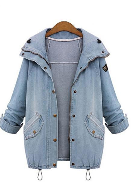 Blue Hooded Drawstring Denim Two Pieces Coat - Meet Yours Fashion - 4