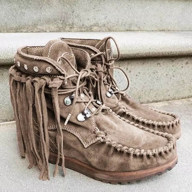 Ankle Fringe Suede Lace Up Flat Boots