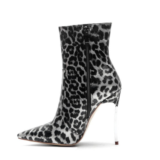 Leopard PU Pointed Toe High Heel Calf Boots