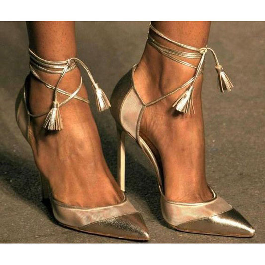 Shinning Ankle Wrap Straps Tassels Pointed Toe Stiletto High Heels
