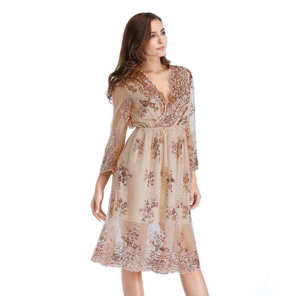 Sequins V-neck High Waist 3/4 Sleeves Knee-length Lace Dress