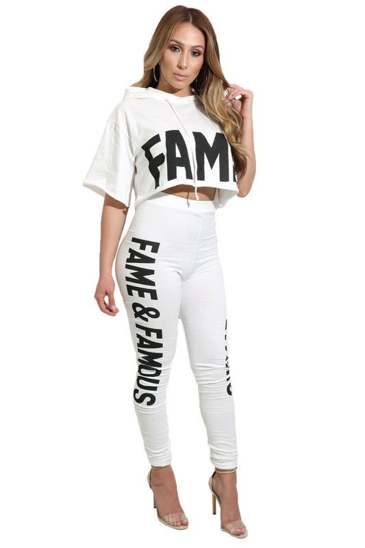 Loose Letter Print Crop Top with Skinny Pants Two Pieces Set