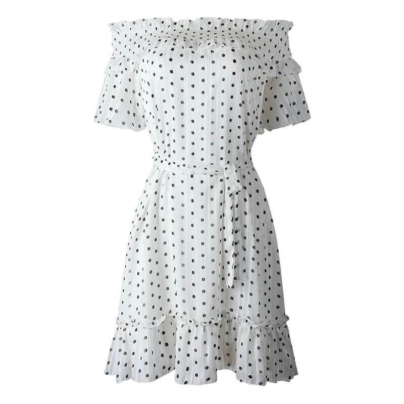 Polka Dots Off Shoulder Cotton A Line Dress