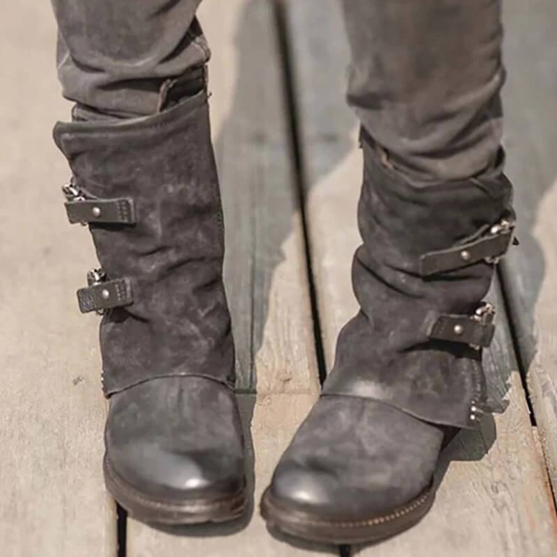 Leather Buckle Chunky Heel Calf Boots