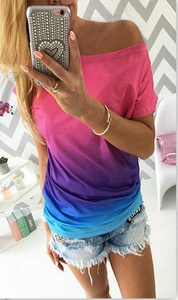 Gradually Changing Color Short Sleeves Scoop Casual T-shirt - Meet Yours Fashion - 1