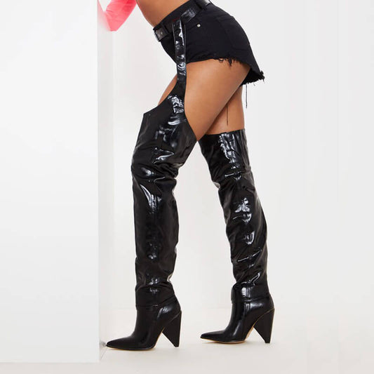 Party Leather Buckle Cutout Tight High Boots