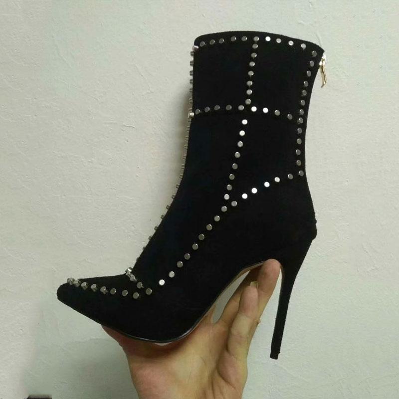 Party Suede Rivet Pointed Toe Calf Boots