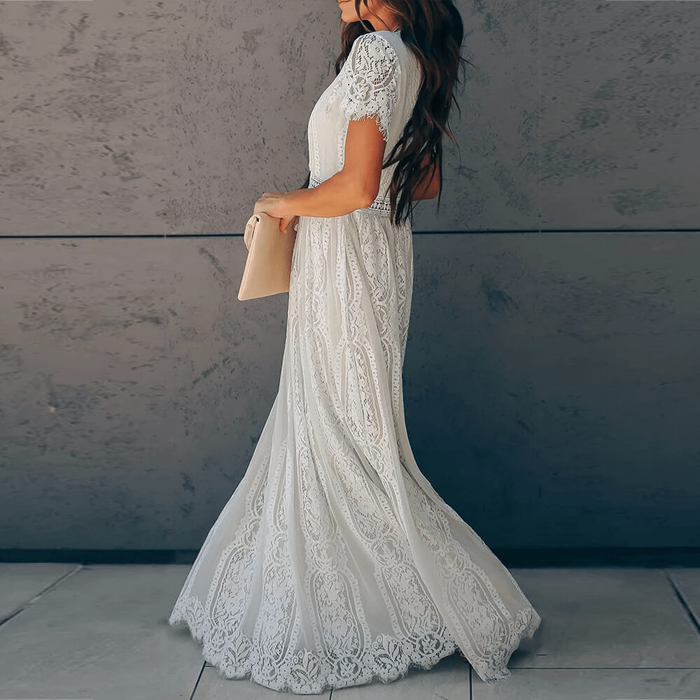 Lace V Neck Flowy Swing Gown Party Maxi Dress