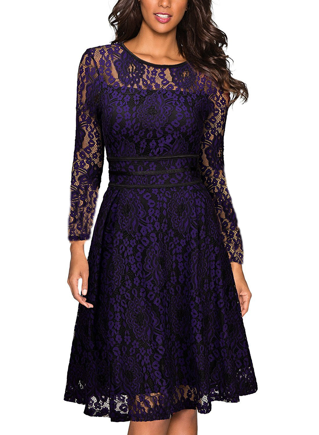Solid Color Long-sleeved Lace Knee-length Party Dress