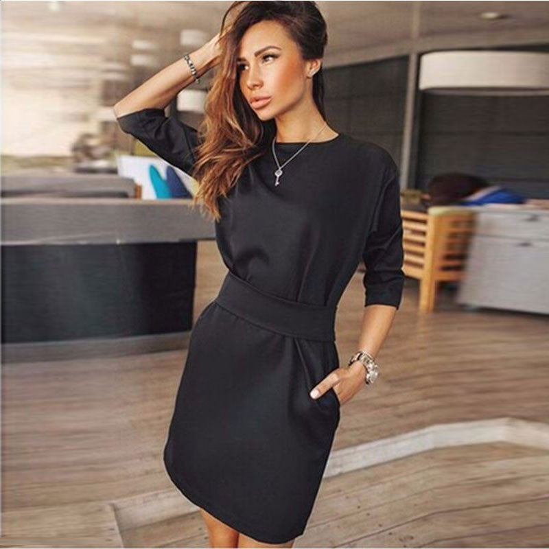 Hot Style Black Long Sleeve Scoop Short Dress With Belt