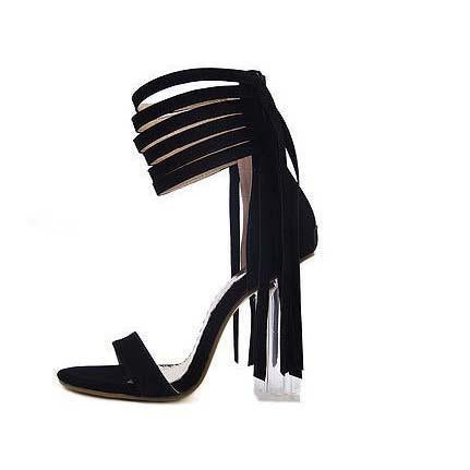 Suede Strappy Ankle Chunky Heel Fringe Sandals