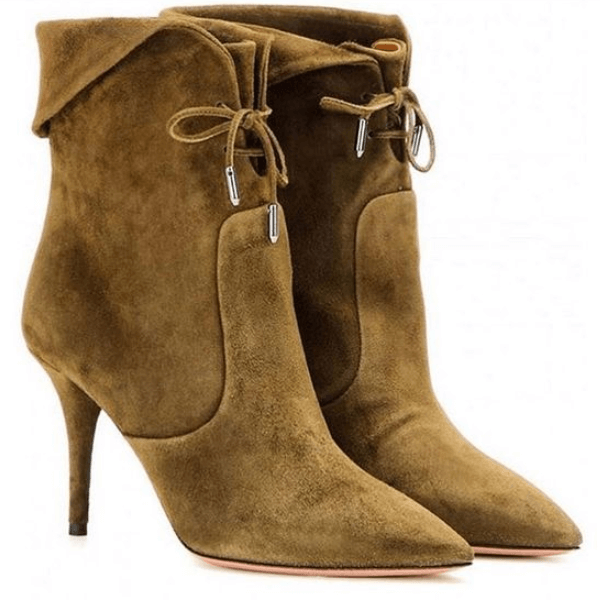 Lace Up High Heel Suede Pointed Toe Calf Boots
