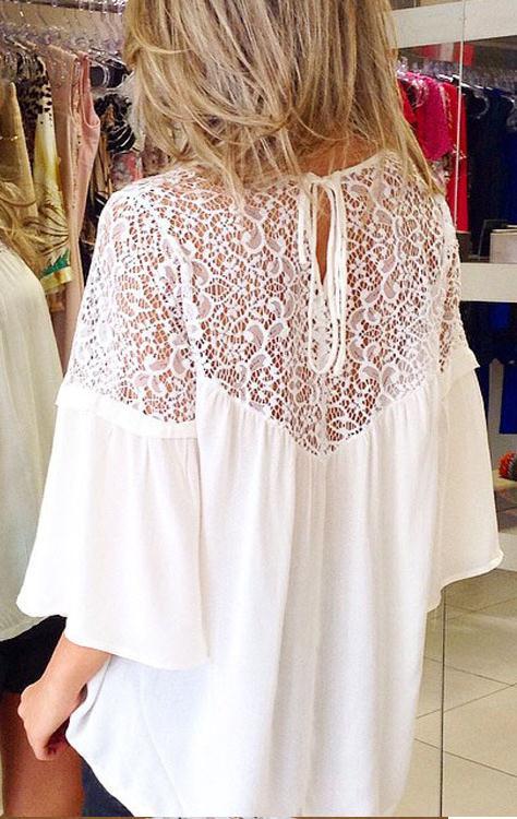 Hollow Lace Patchwork Casual Loose 3/4 Sleeves Chiffon Blouse - Meet Yours Fashion - 1