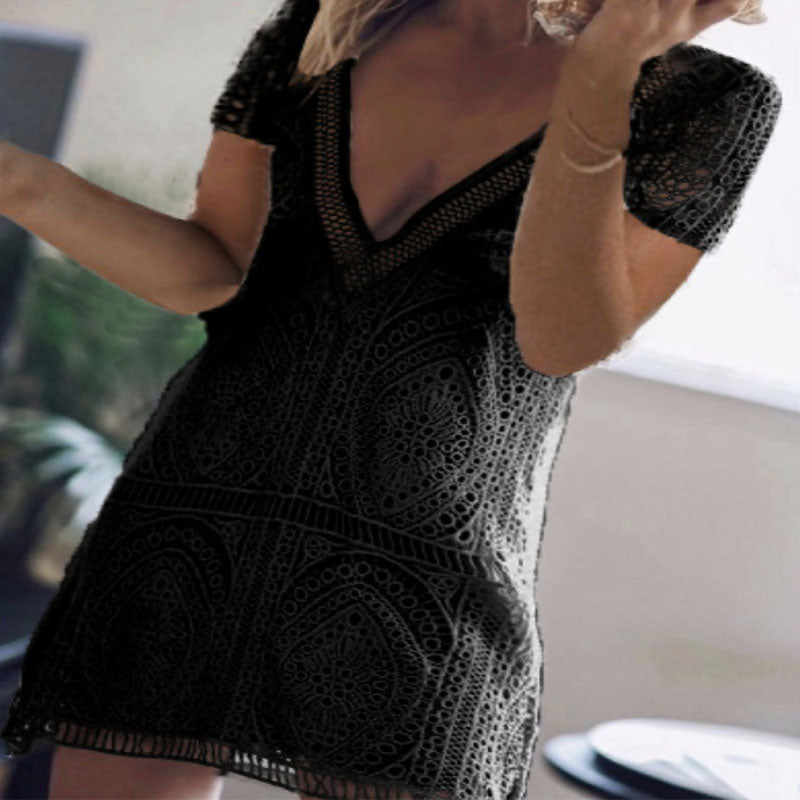 Tight Hollow Out Lace Short Dress