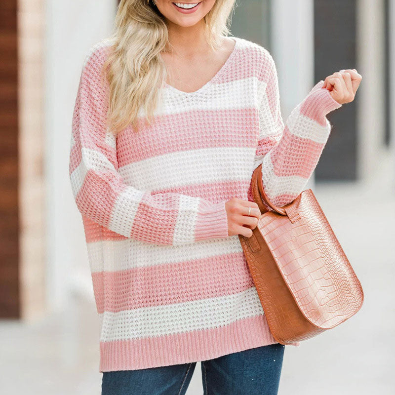 Slouchy V Neck Striped Crochet Sweater