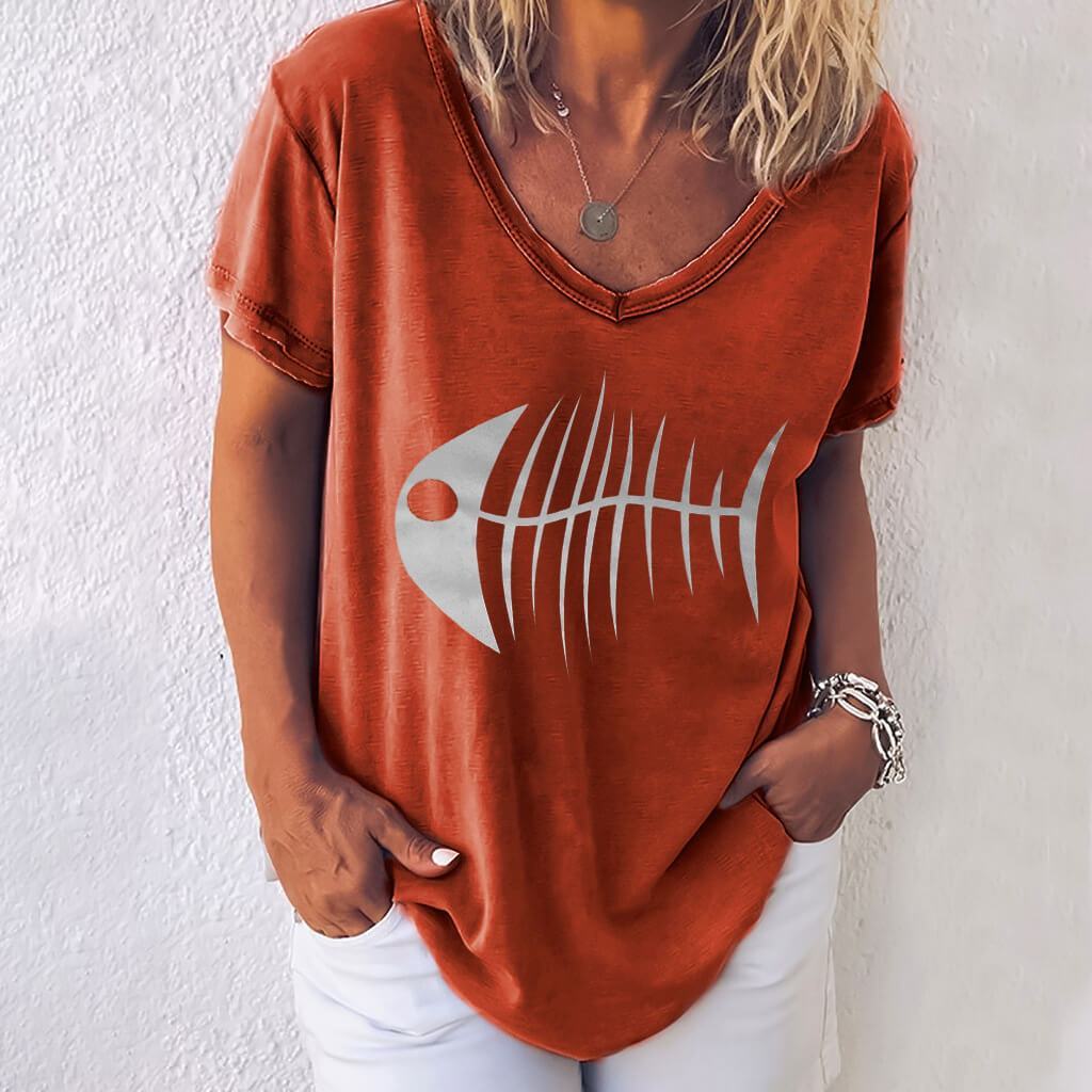 Fish Bone Loose V-neck T-shirt