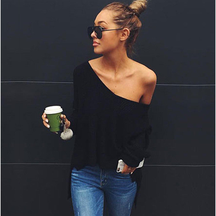 V-neck Irregular Long Sleeves Pure Color Loose Sweater