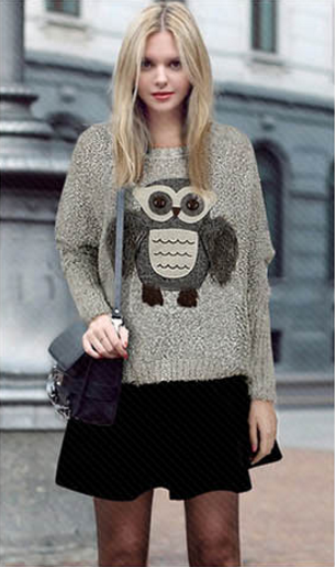 Knit Scoop Loose Pattern Owl Long Sleeves Sweater - Meet Yours Fashion - 1
