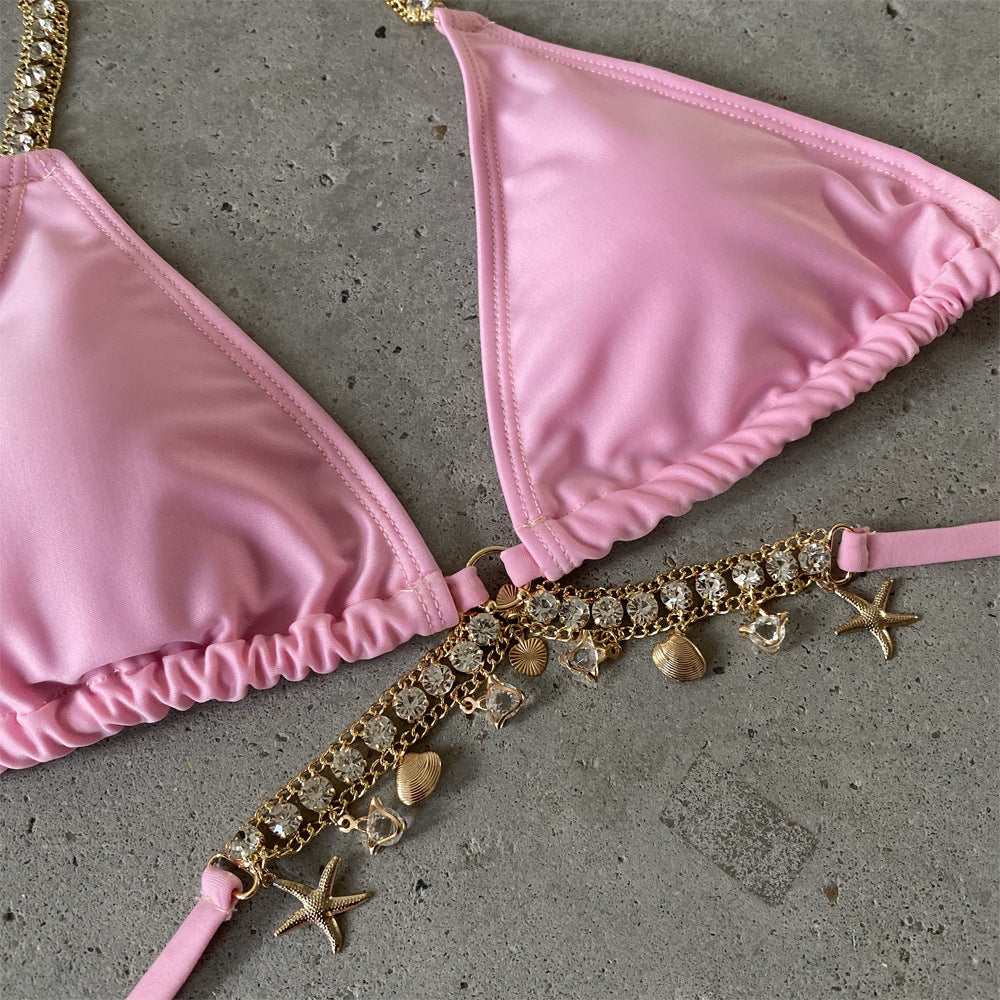 Strappy Rhinestones Halter Two Pieces Bikini