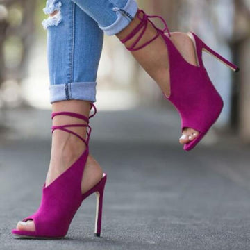 Rose Red Suede Peep Toe Strap Cutout High Heel Sandals