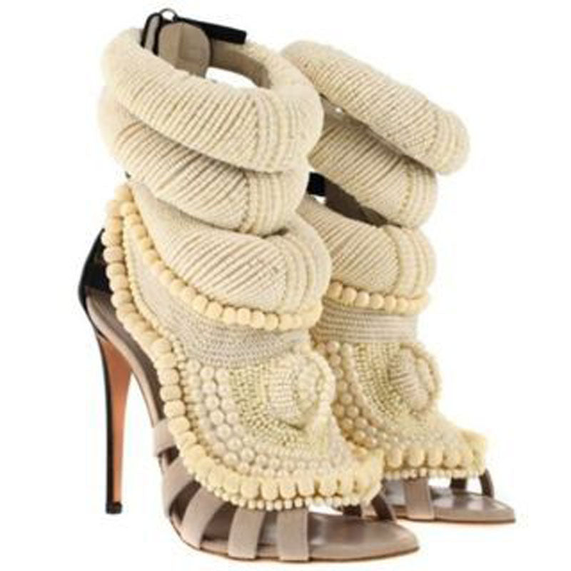 Apricot Woolen Pearl Cutout Open Toe High Heel Sandals