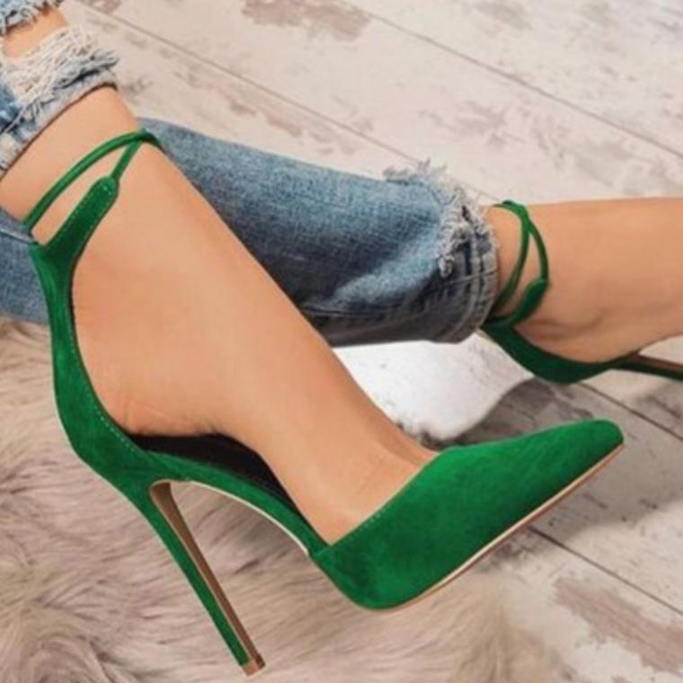 Suede Point Toe Lace Up Stiletto Heel Pumps