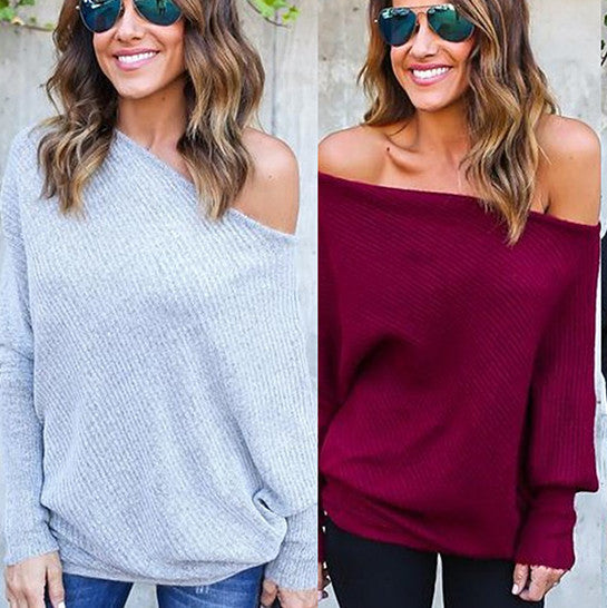 One Shoulder Long Batwing Sleeves Pure Color Loose Sweater