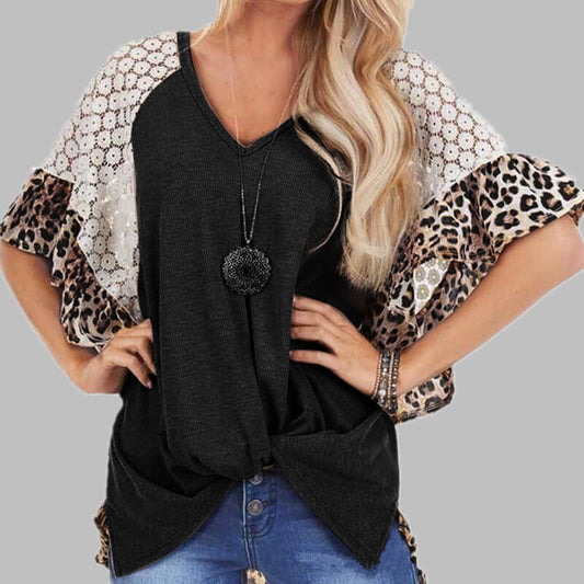 Casual Leopard Lace Patchwork Wide Sleeve T-shirts