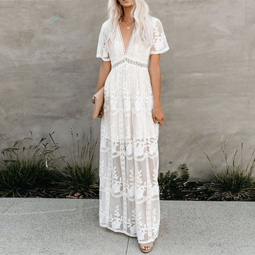 Floral Elegant White Lace Embroidered Maxi Dress