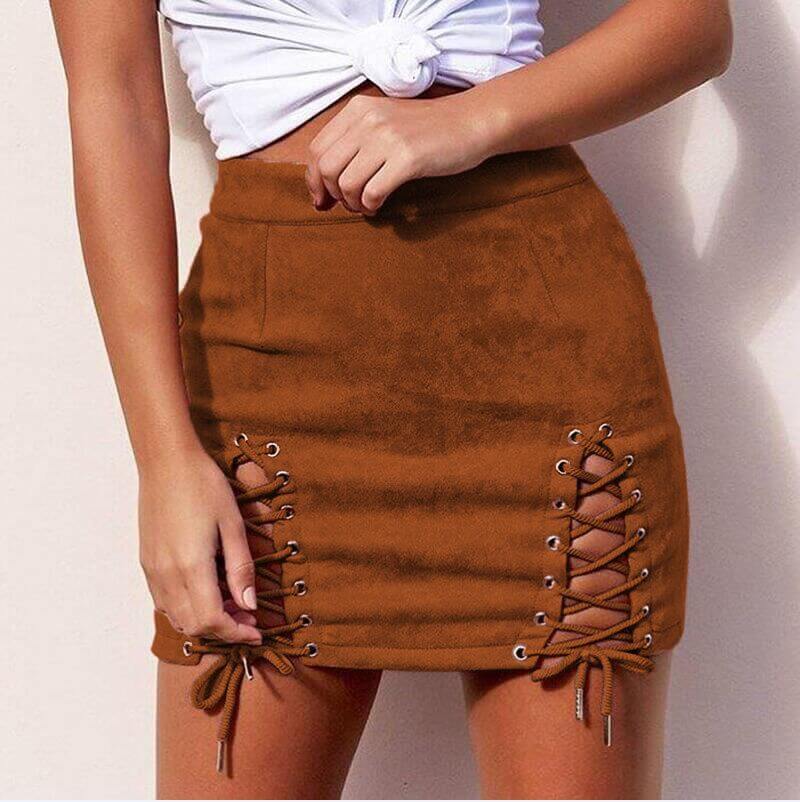 Sexy Suede High Waist Cutout Strap Mini Skirts