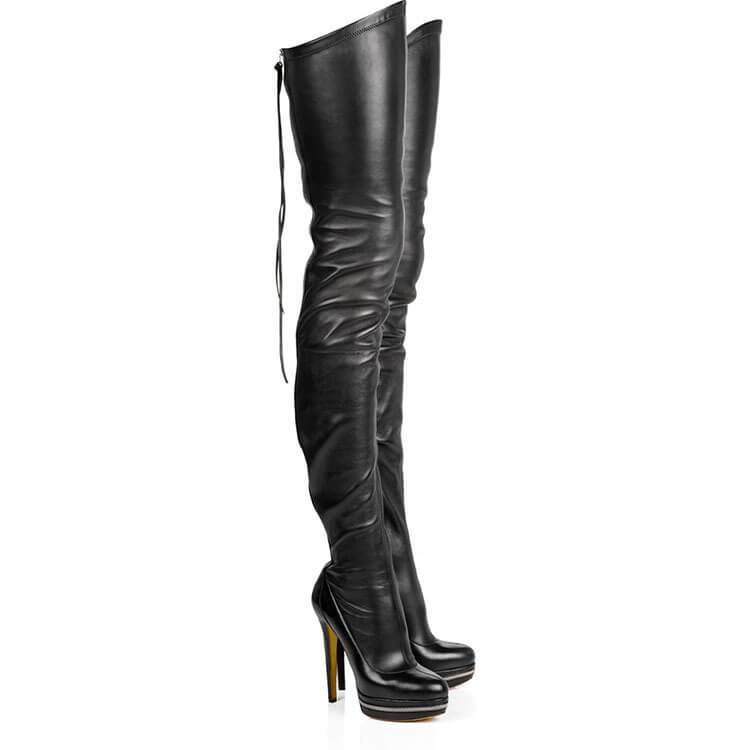 Black Platform Leather Thigh High Zipper Boots