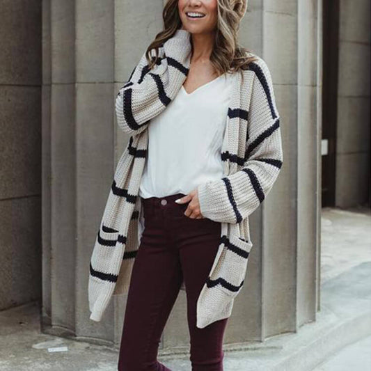 Knitted V Neck Striped Long Cardigan