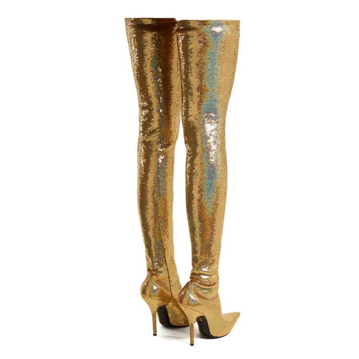 High Heel Glitter Pointed Toe Thigh High Boots